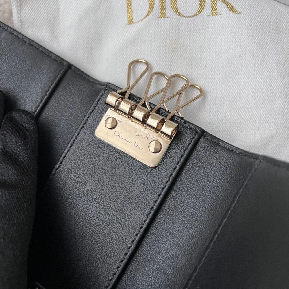 Auth Dior Quilted Logo Charm Key Holder Wallet - Black w/ Gold Hardware